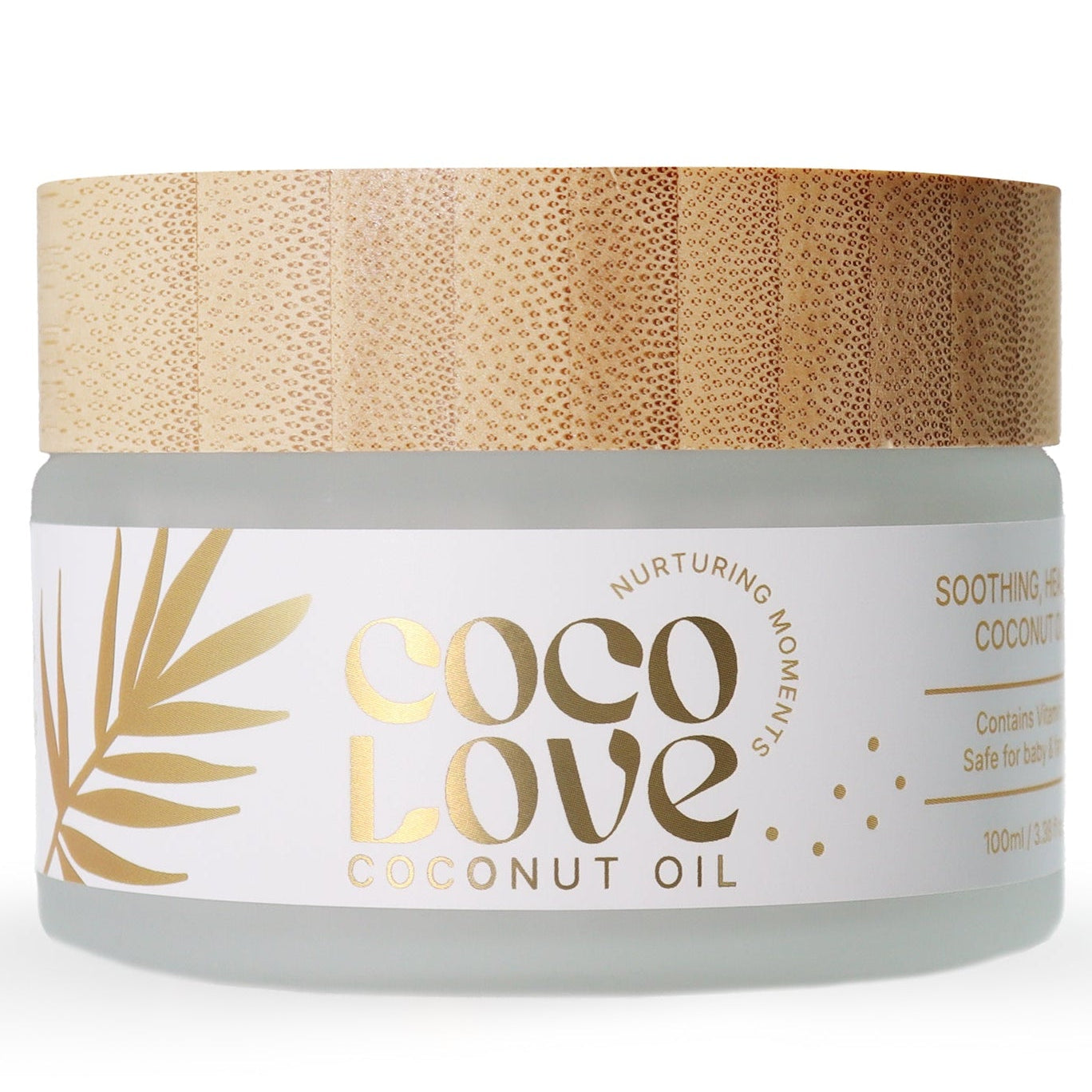 Jar of Coco Love coconut oil with a wooden lid on a white background